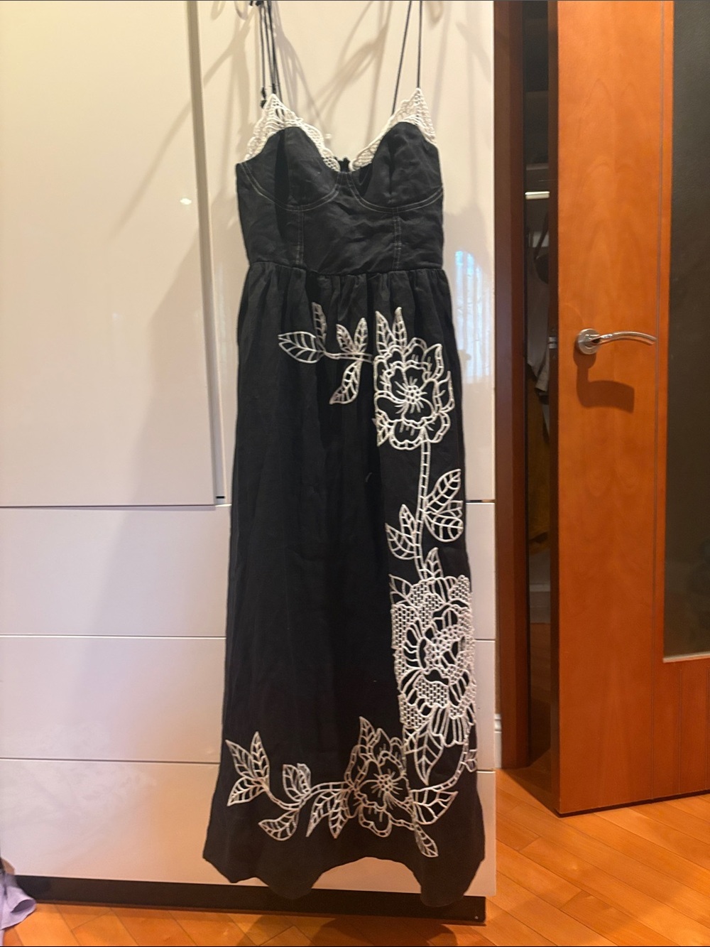 FARM Rio Black Maxi Dress with White Lace Floral Accents